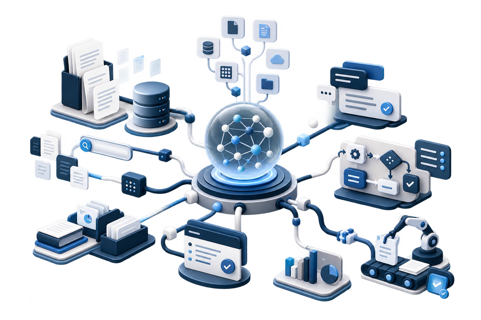 Connected documents, data and workflows representing a custom AI agent