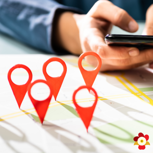 Map location markers representing customers searching for nearby services